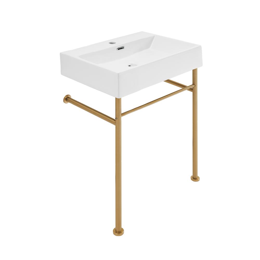 Claire 24 Ceramic Console Sink White Basin Brushed Gold Legs. Picture 2