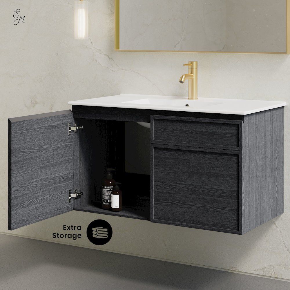 St. Tropez 36" Wall-Mounted Bathroom Vanity in Black Oak with Sink Top. Picture 9