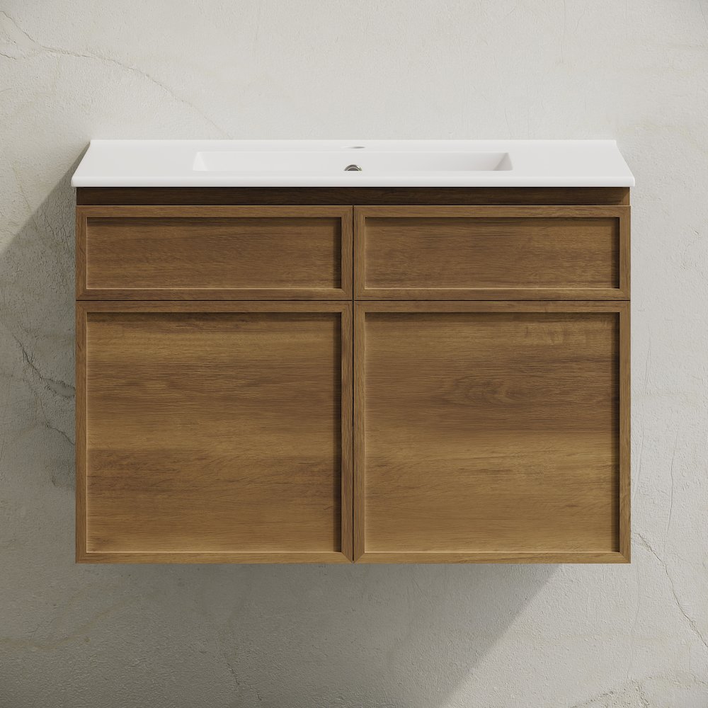 St. Tropez 30" Wall-Mounted Bathroom Vanity in Brown Oak with Sink Top. Picture 6