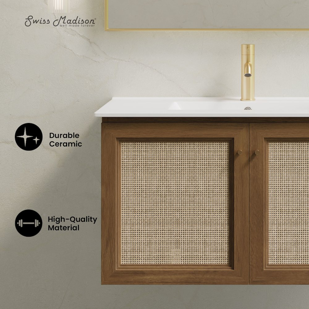 36" Wall-Mounted Bathroom Vanity in Brown Oak with Single Faucet Hole Vanity Top. Picture 8