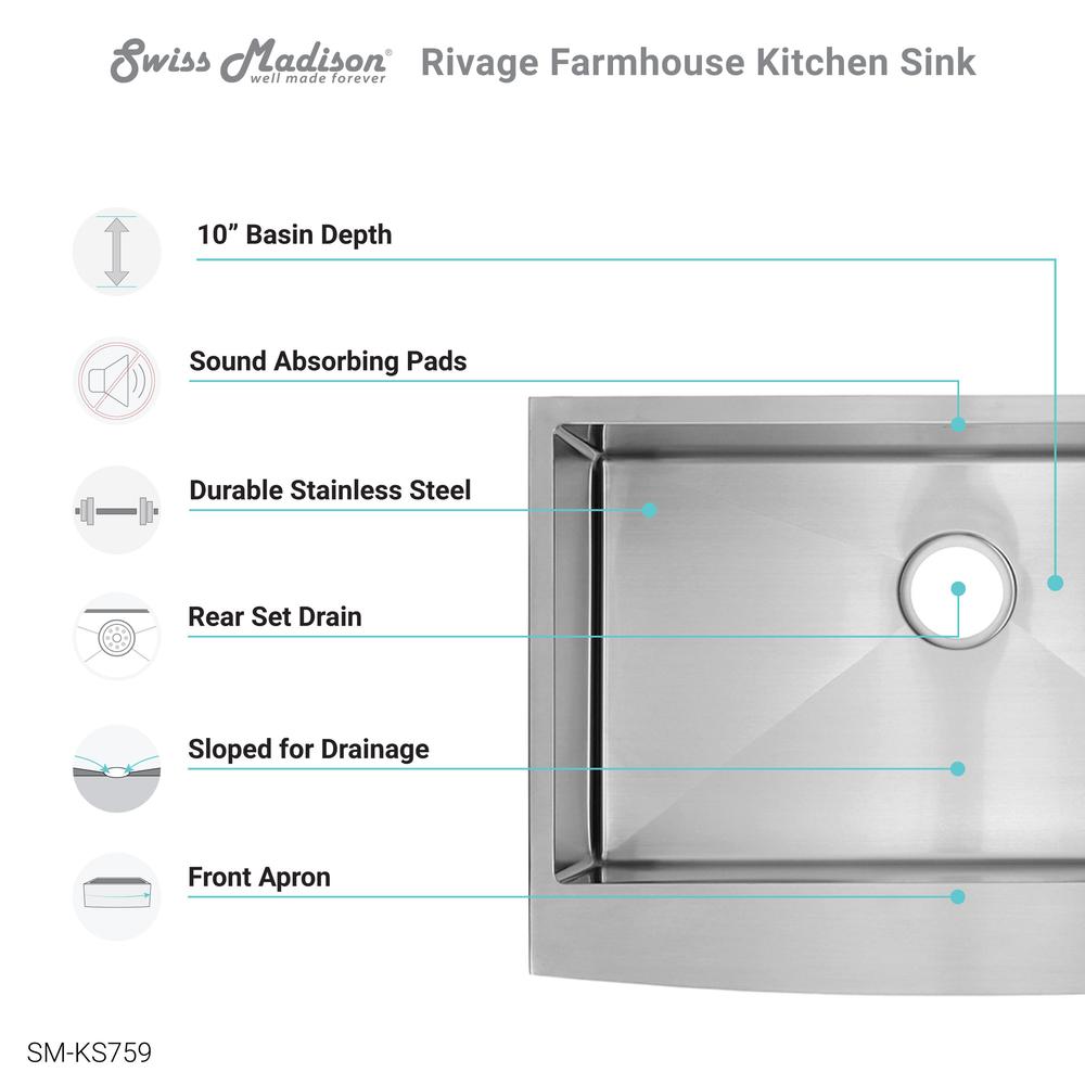 Stainless Steel, Single Basin, Farmhouse Kitchen Sink with Apron. Picture 3
