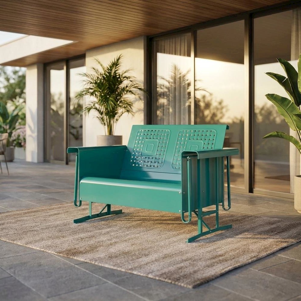 Turquoise Outdoor Loveseat Glider with Anti-Tip Hardware and Durable Frame. Picture 2