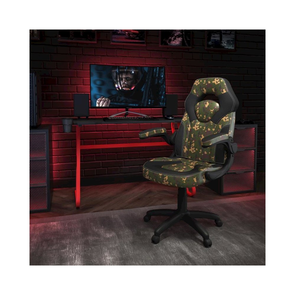 Red Gaming Desk and Camouflage/Black Racing Chair Set with Cup Holder and Headphone Hook. Picture 2