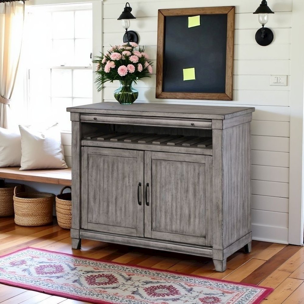 Gray Console Table with Storage – Rustic Bar Cabinet for Living Room Use. Picture 2