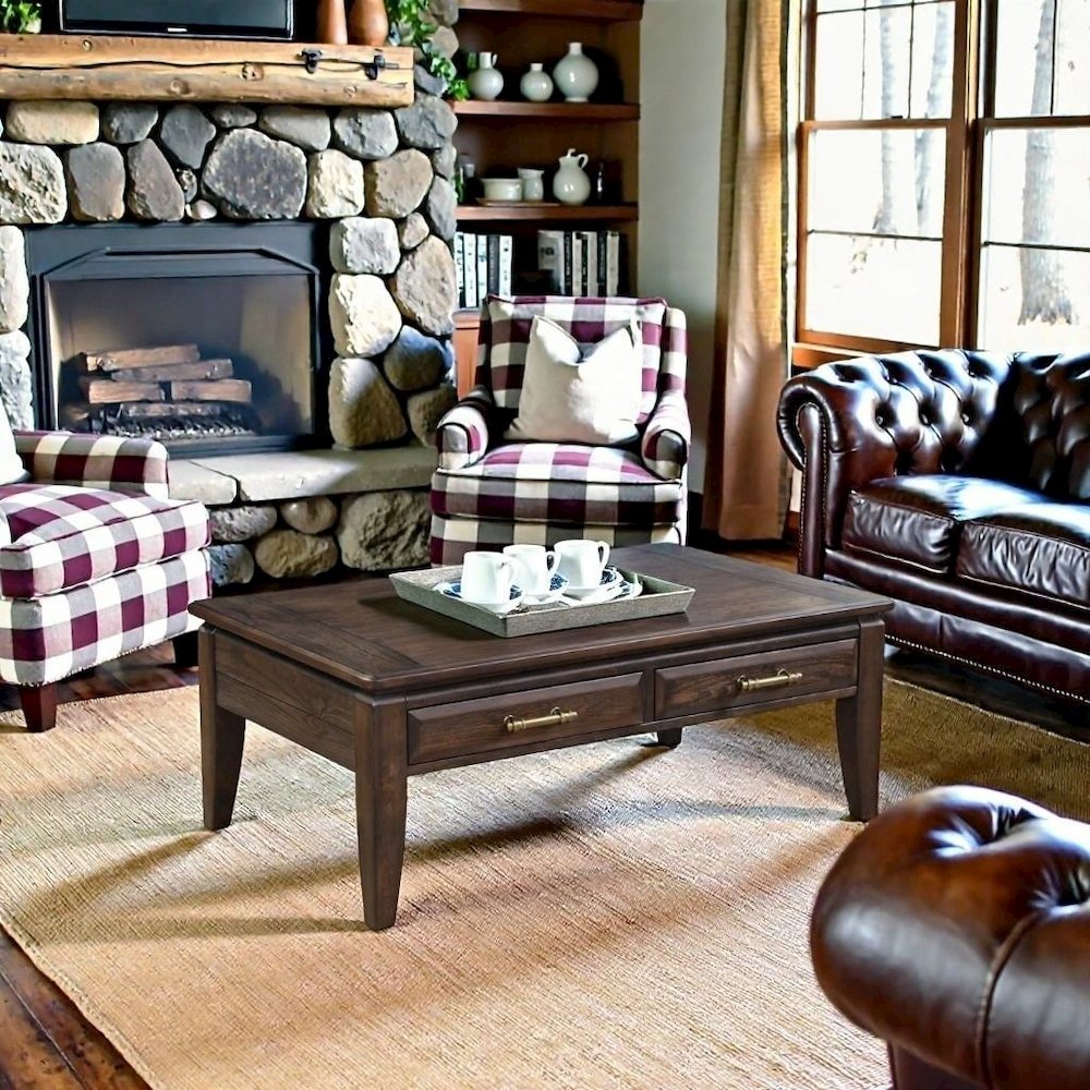 Brown Cocktail Table with 2 Drawers – Vintage Solid Wood Coffee Table. Picture 3
