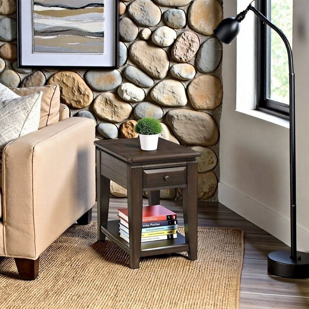 Mahogany Side Table with 1 Drawer – Wooden Table for Bedroom or Living Room. Picture 2