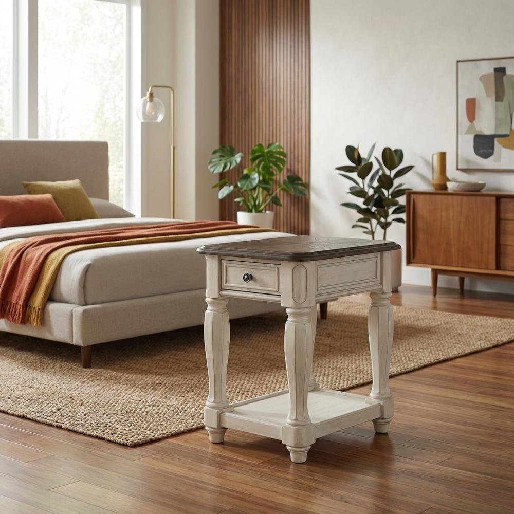 White Accent Table with 1 Drawer – Antique Bedroom Side Table in Cottage Style. Picture 2