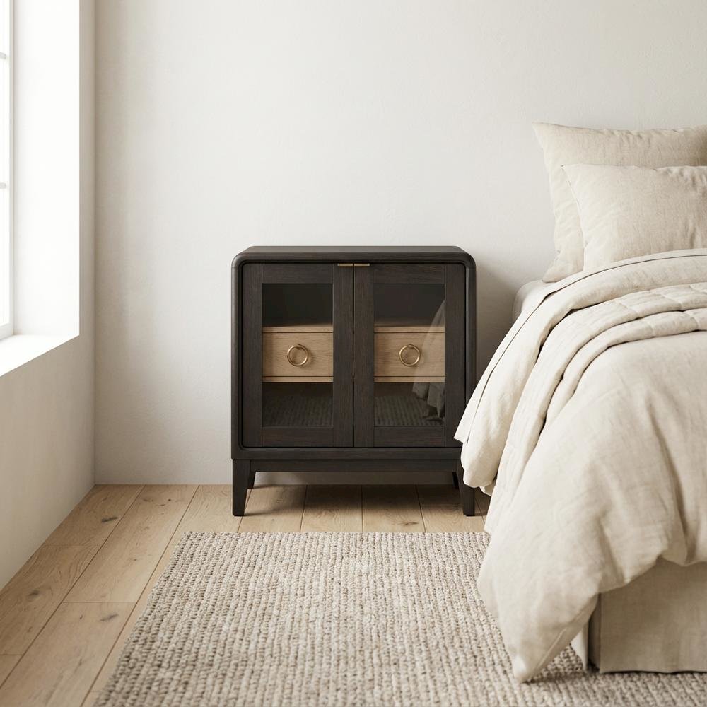 Peppercorn Glass Door Nightstand with Transitional Casual Style. Picture 3