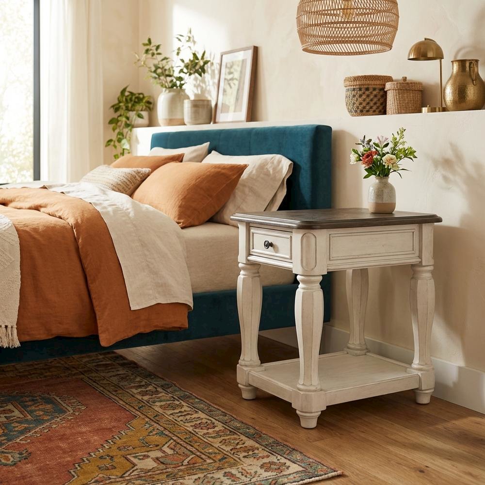 White Accent Table with 1 Drawer – Antique Bedroom Side Table in Cottage Style. Picture 3