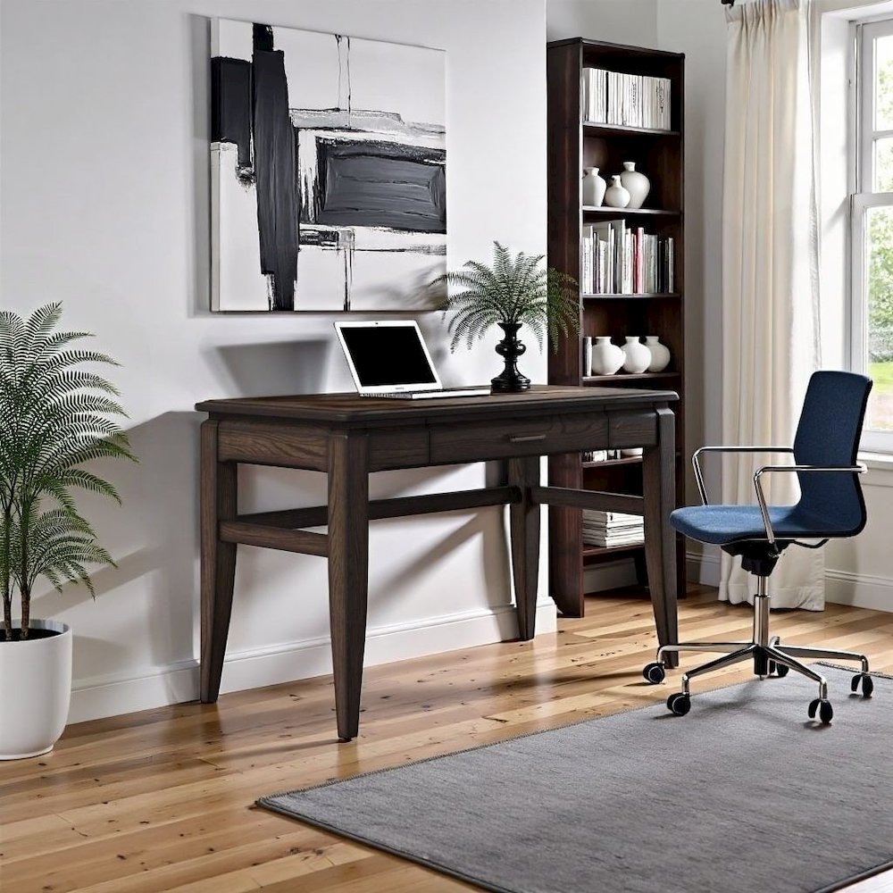 Brown Wooden Writing Desk with Drawer – Vintage Wood Computer Desk. Picture 2