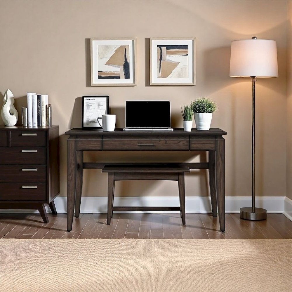 Brown Wooden Writing Desk with Drawer – Vintage Wood Computer Desk. Picture 3