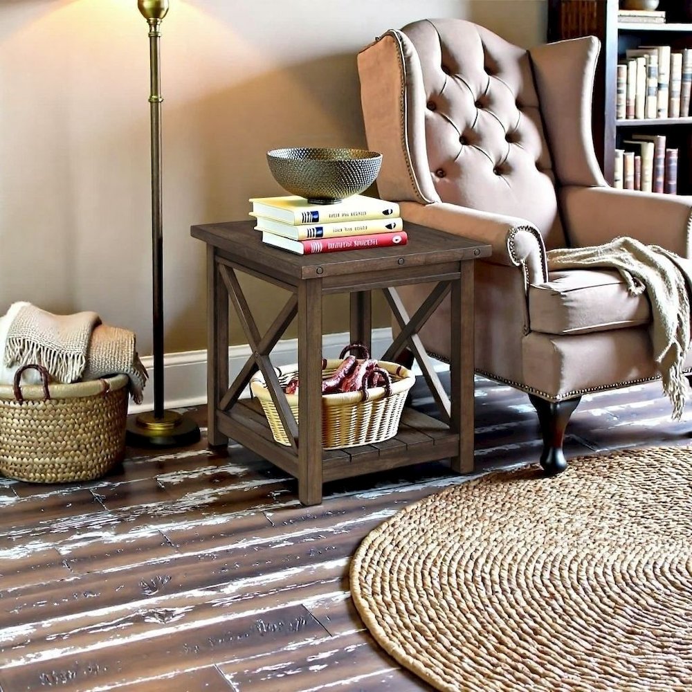 Rustic Farmhouse End Table in Walnut – Solid Wood Square Accent Table. Picture 3