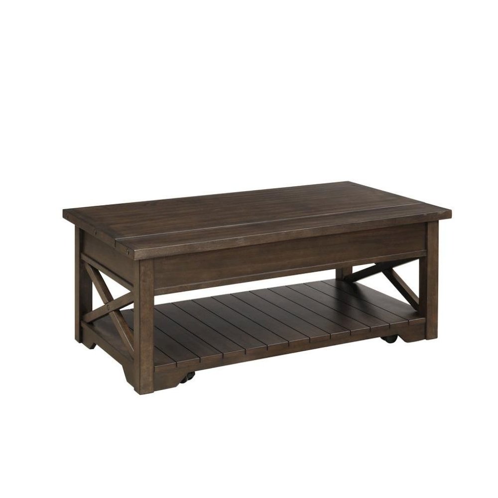 Walnut Lift Top Cocktail Table – Rustic Coffee Table with Storage Shelf. Picture 1