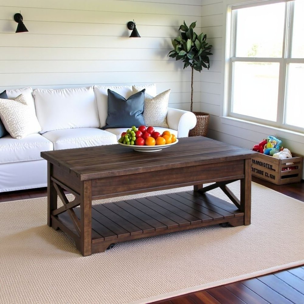 Walnut Lift Top Cocktail Table – Rustic Coffee Table with Storage Shelf. Picture 2
