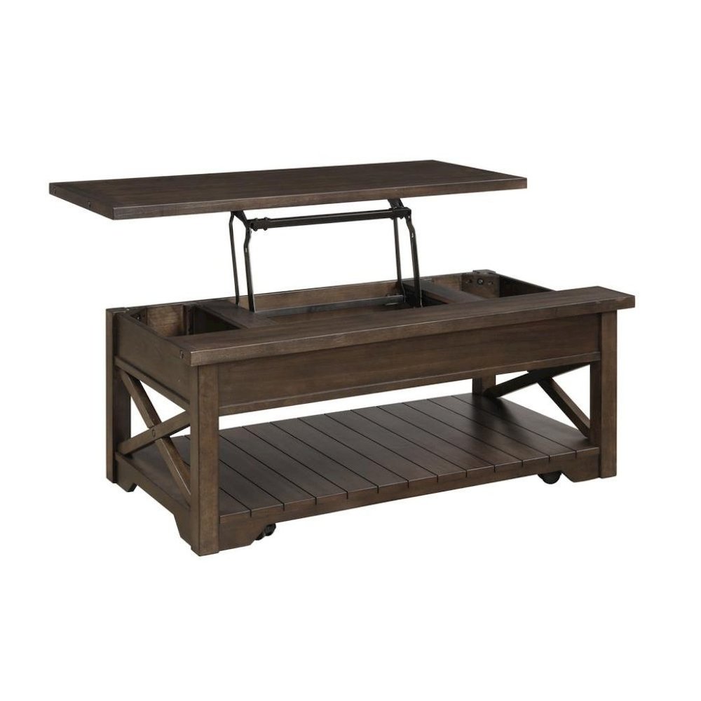 Walnut Lift Top Cocktail Table – Rustic Coffee Table with Storage Shelf. Picture 4