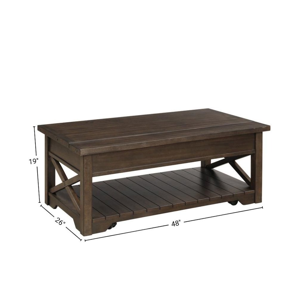 Walnut Lift Top Cocktail Table – Rustic Coffee Table with Storage Shelf. Picture 6