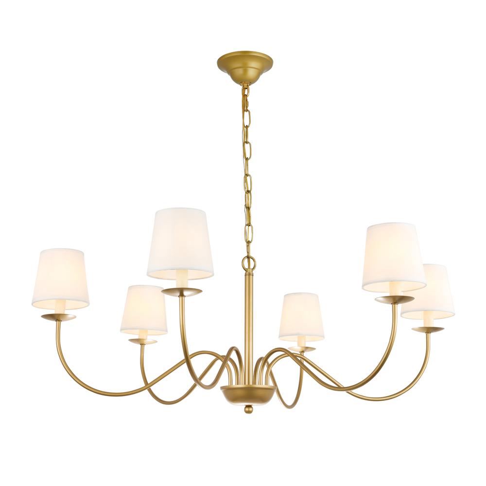 Eclipse 6 light Brass and White shade chandelier. Picture 5