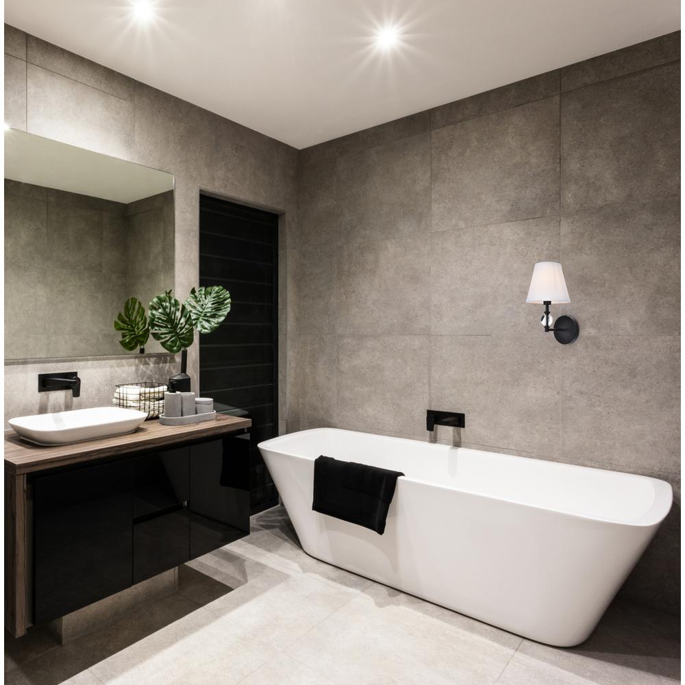 Bethany 1 light bath sconce in black with white fabric shade. Picture 6