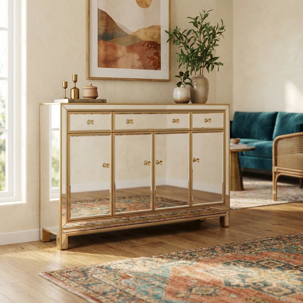 Gold mirrored credenza with spacious storage and elegant design. Picture 3