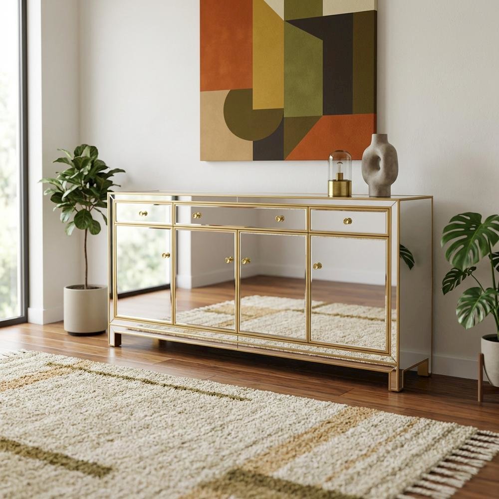 Gold mirrored credenza with sleek modern design and spacious storage. Picture 2