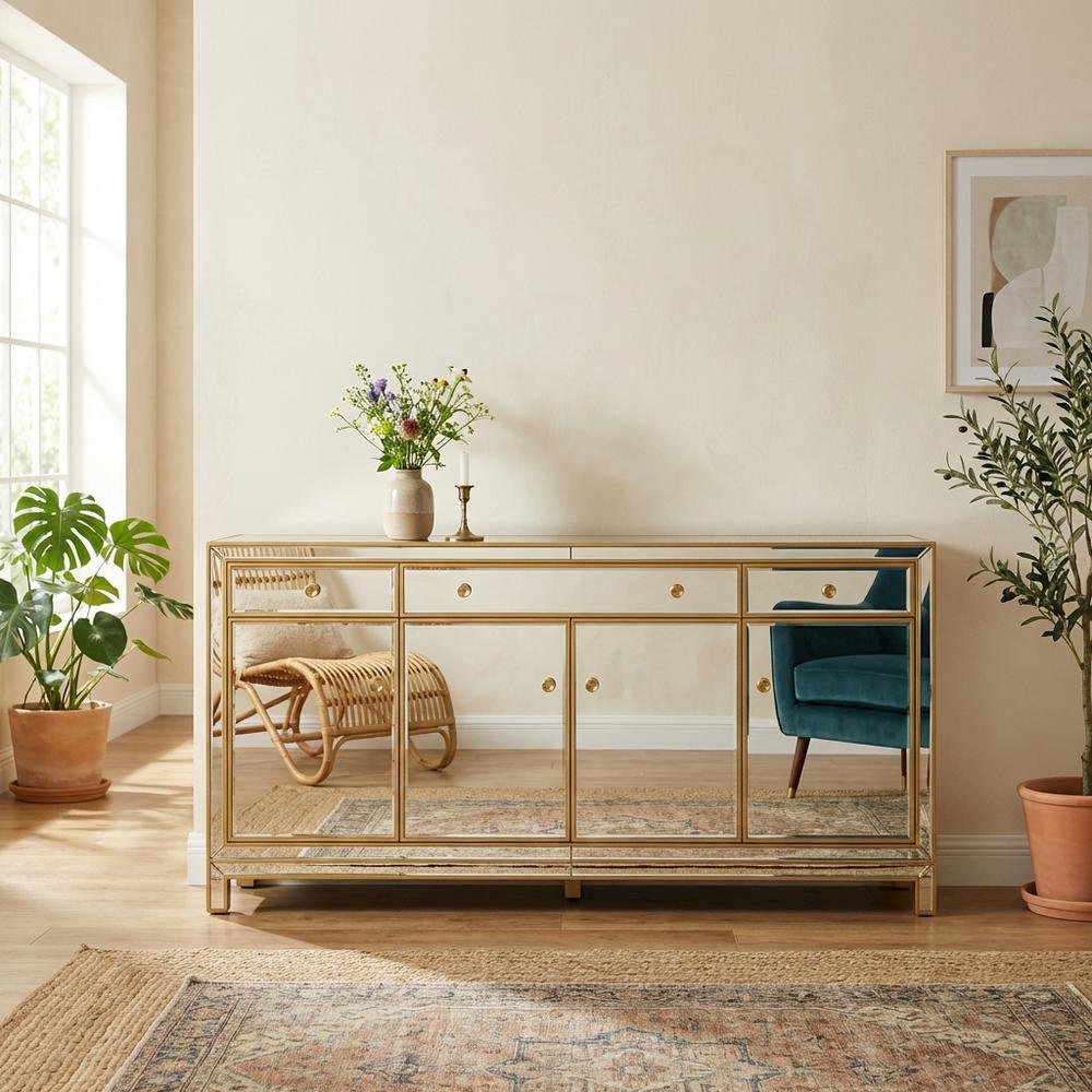 Gold mirrored credenza with sleek modern design and spacious storage. Picture 3