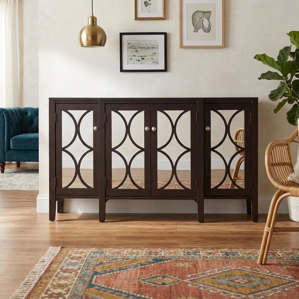 Dark Walnut 60-Inch Mirrored Credenza with Modern Design and Storage. Picture 3