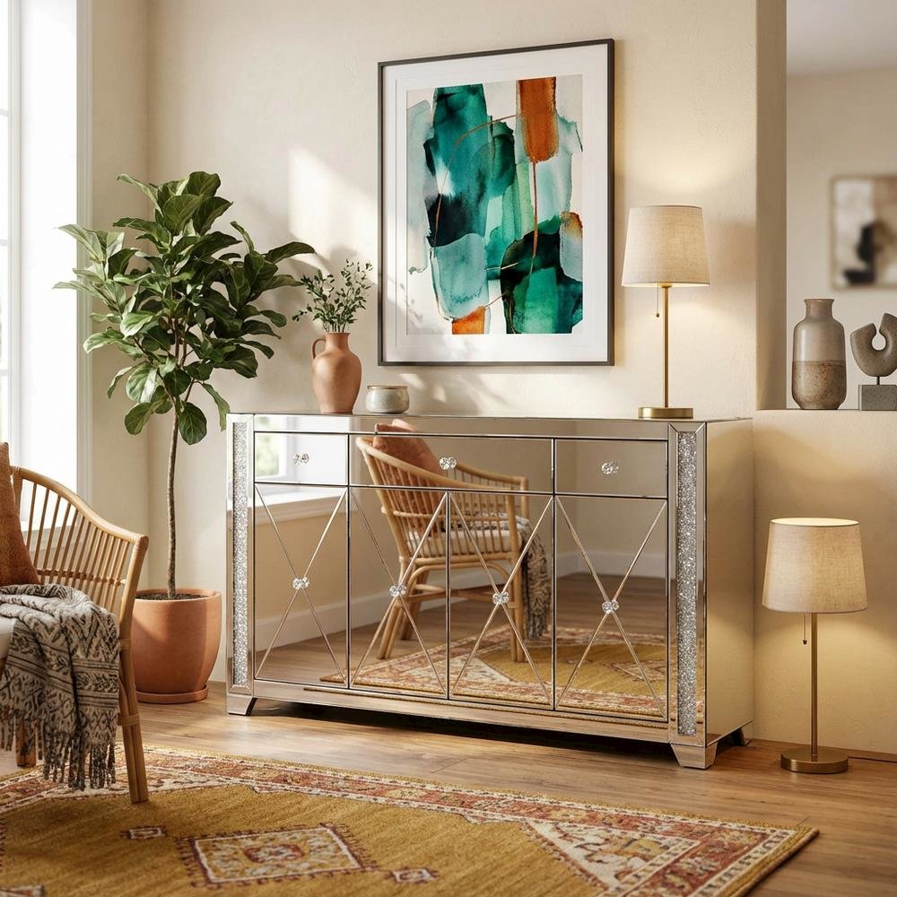 Silver mirrored credenza with crystal accents and sleek design. Picture 3