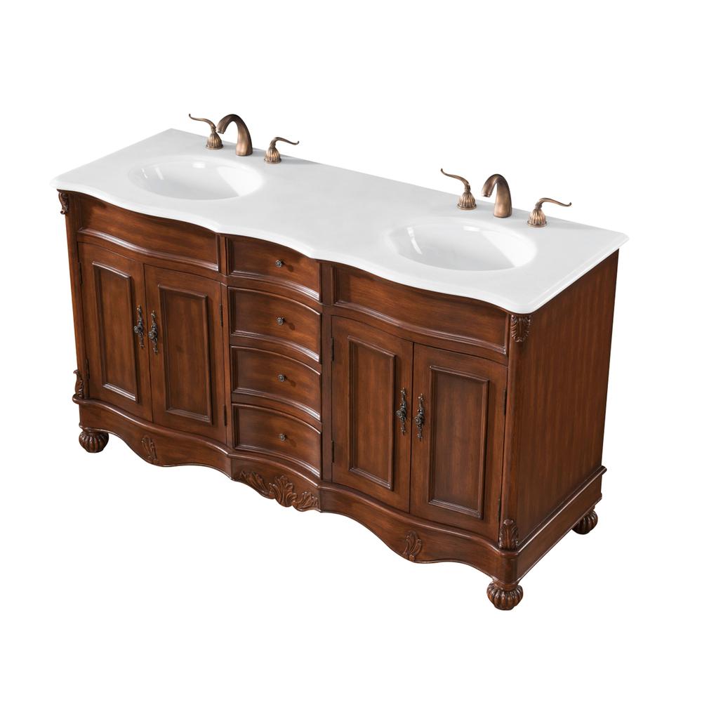 60 inch Double Bathroom vanity in Teak with ivory white engineered marble. Picture 2