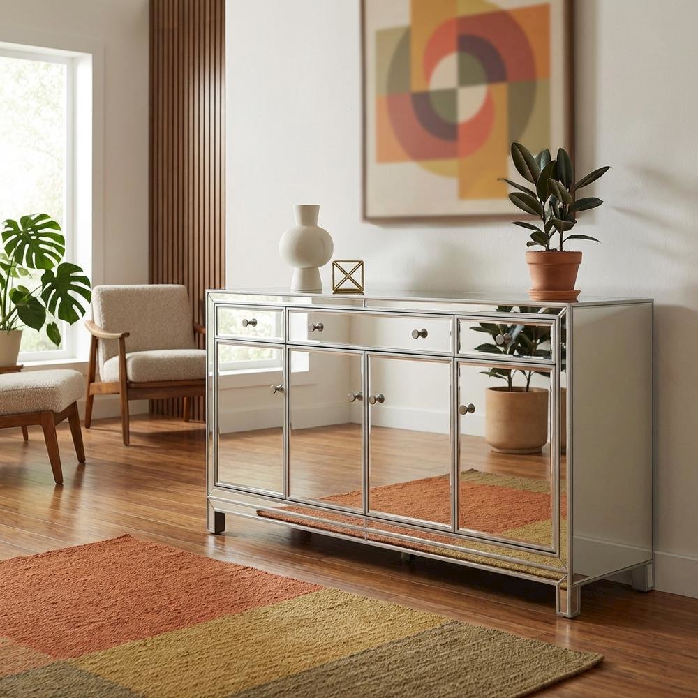 Antique Silver Mirrored Credenza with Elegant Storage and Stylish Finish. Picture 2