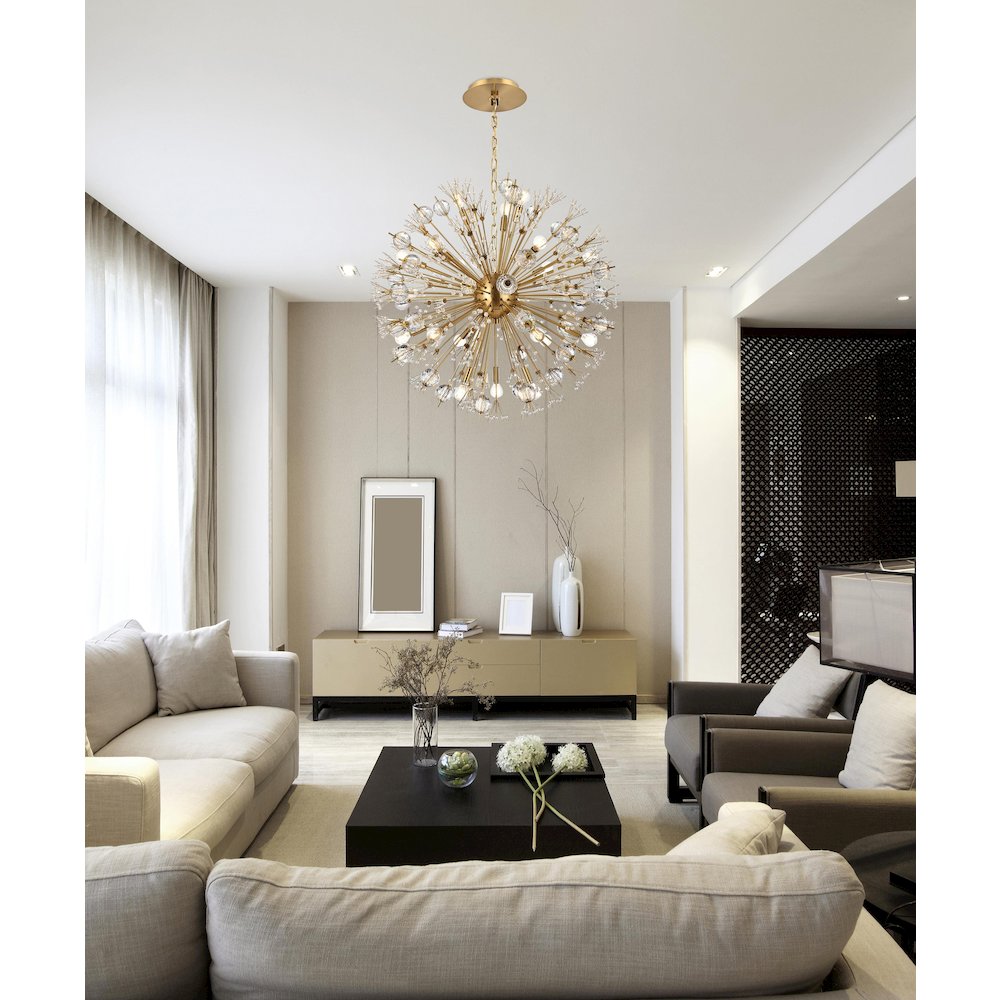 Vera 32 inch crystal starburst round pendant in gold. Picture 2