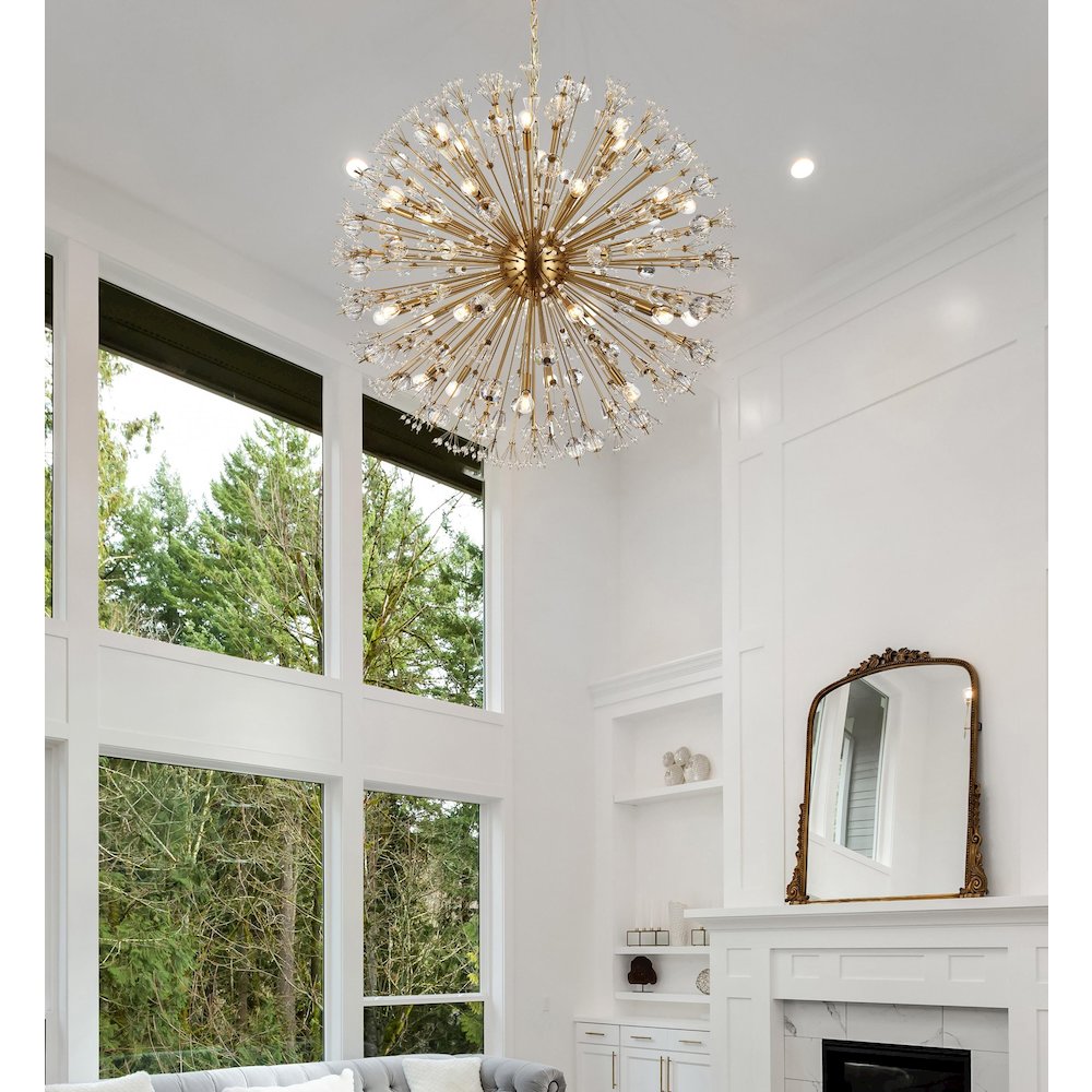 Vera 44 inch crystal starburst round pendant in gold. Picture 2