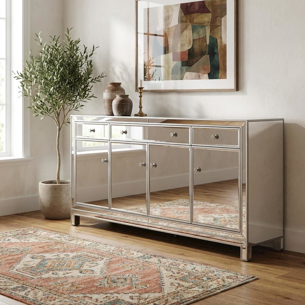 Antique Silver Mirrored Credenza with Elegant Storage and Stylish Finish. Picture 3