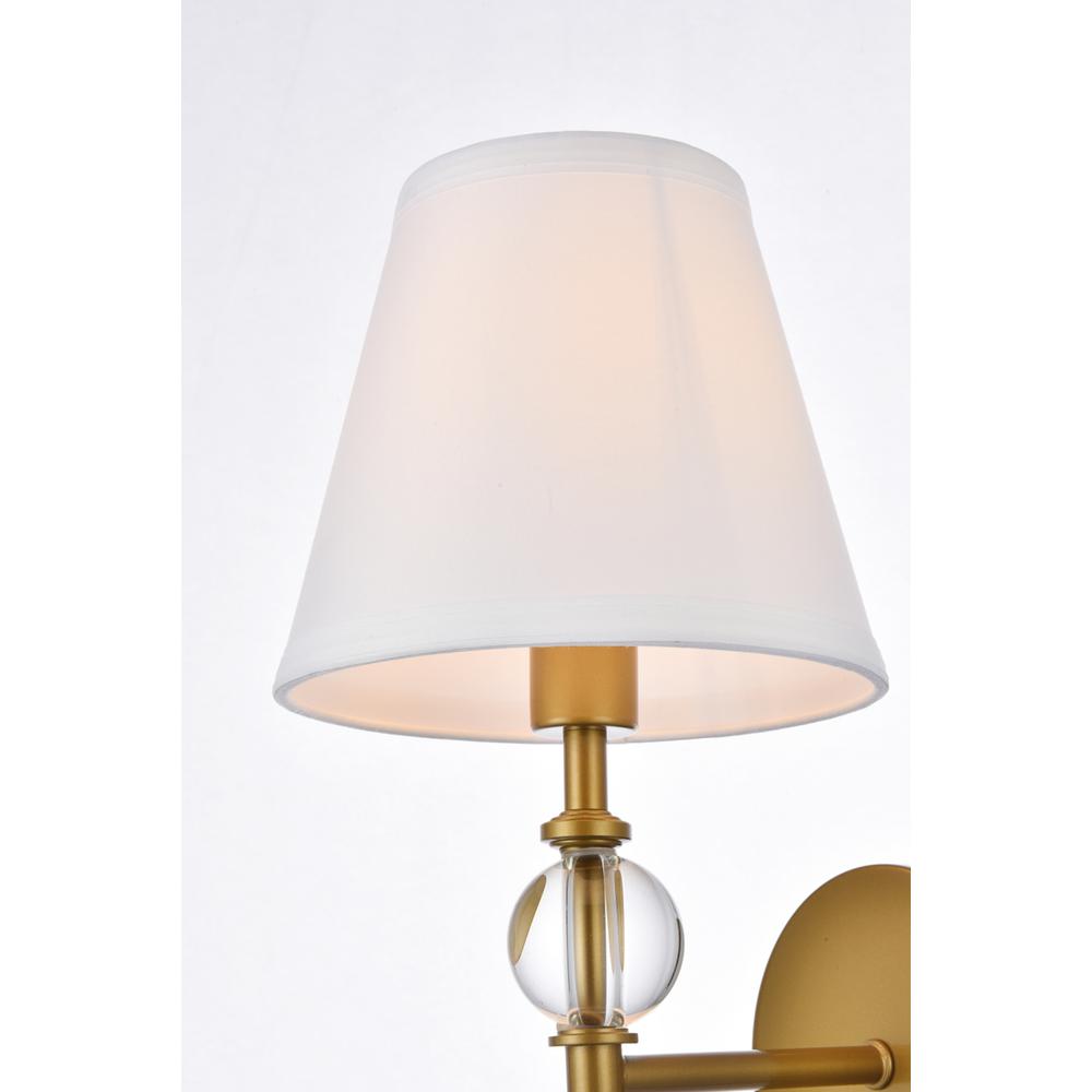 Bethany 1 light bath sconce in brass with white fabric shade. Picture 5