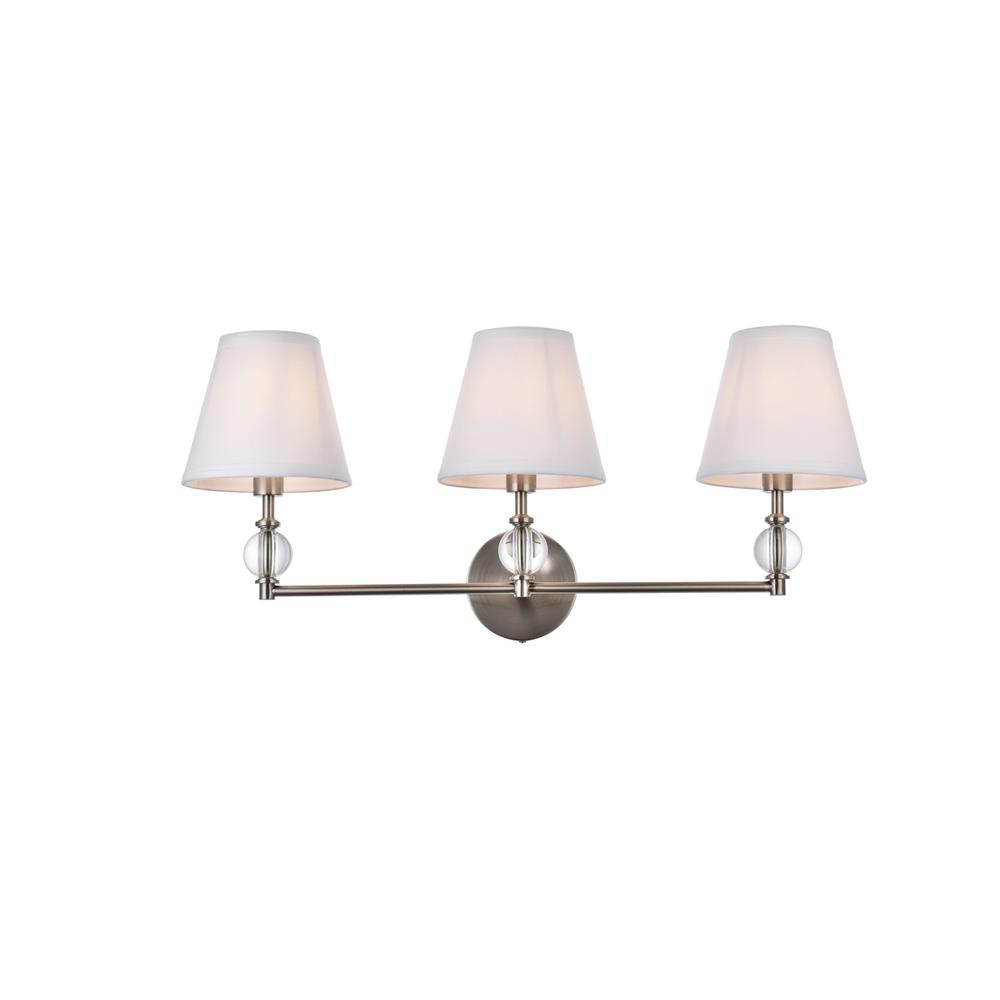 Bethany 3 lights bath sconce in satin nickel with white fabric shade. Picture 1