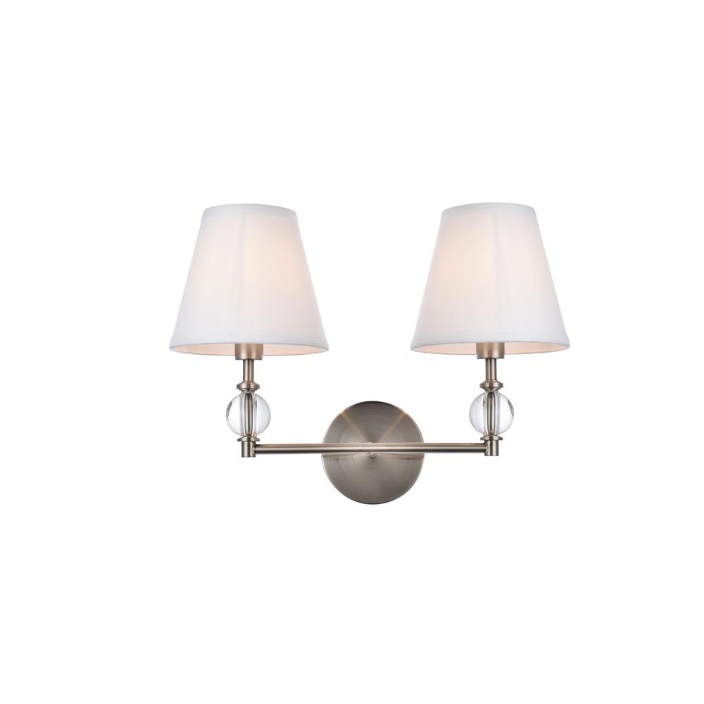 Bethany 2 lights bath sconce in satin nickel with white fabric shade. Picture 1