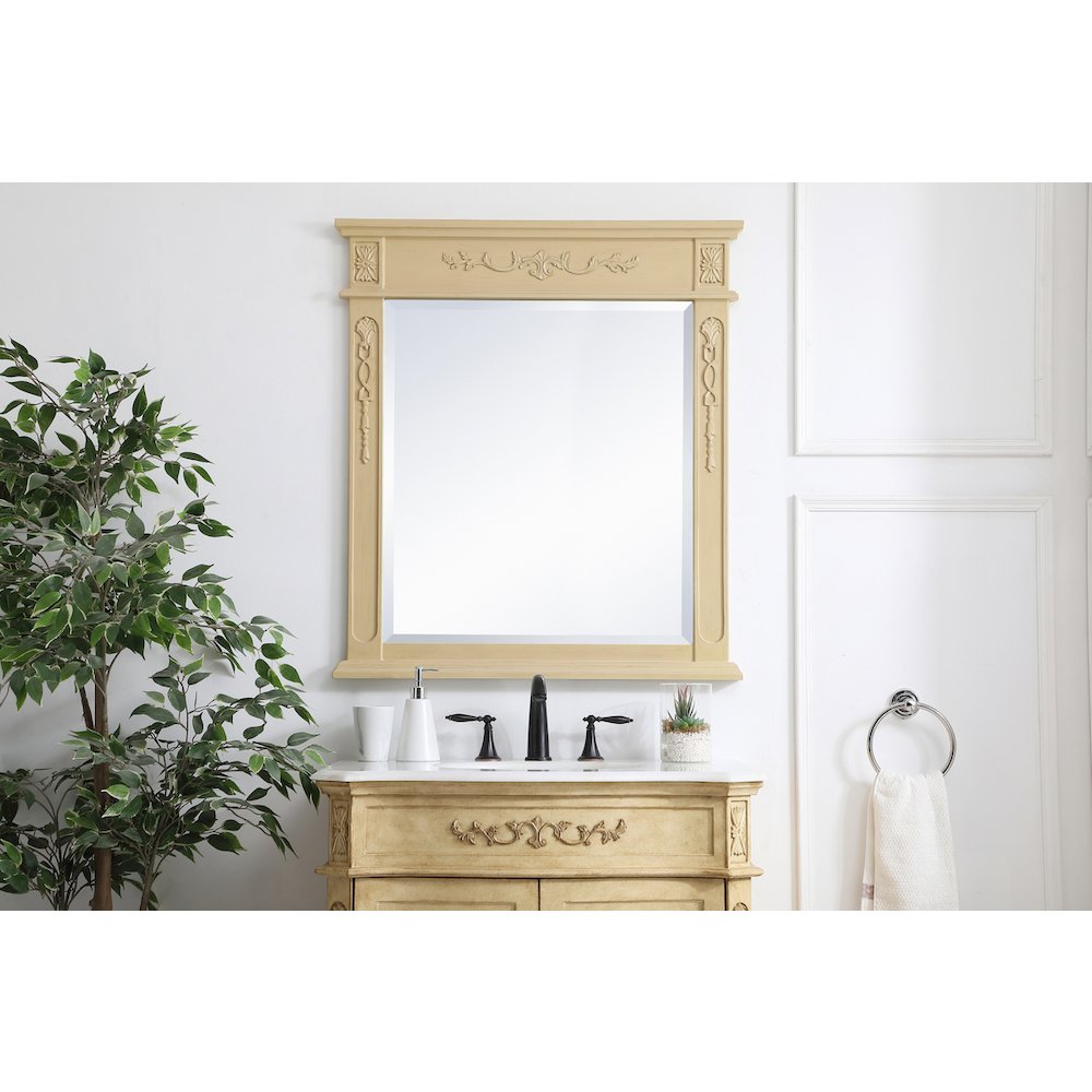 Wood Frame Mirror 32 Inch X 36 Inch In Light Antique Beige. Picture 2