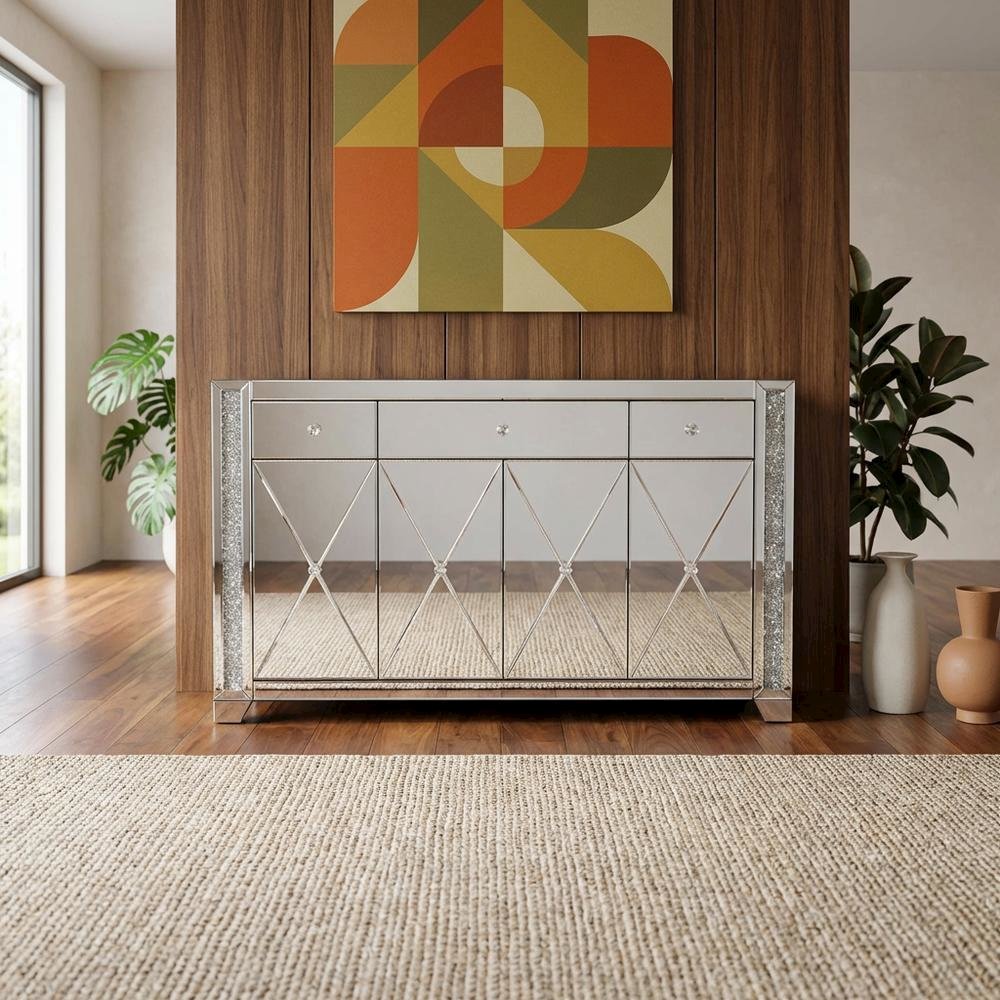 Silver mirrored credenza with crystal accents and sleek design. Picture 2