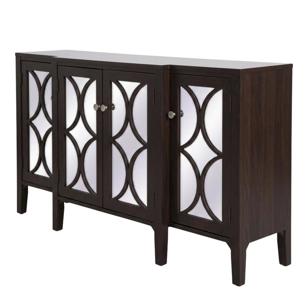 Dark Walnut 60-Inch Mirrored Credenza with Modern Design and Storage. Picture 1