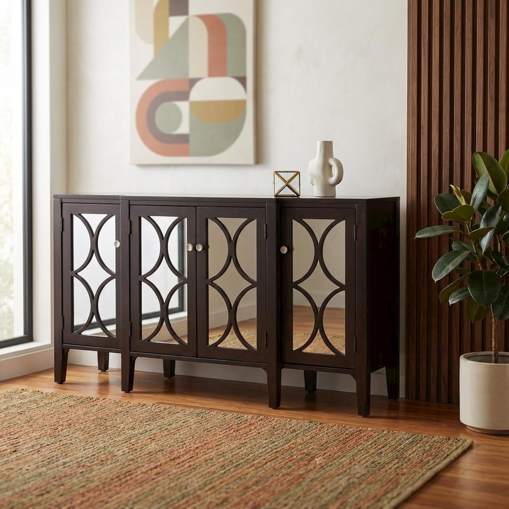 Dark Walnut 60-Inch Mirrored Credenza with Modern Design and Storage. Picture 2