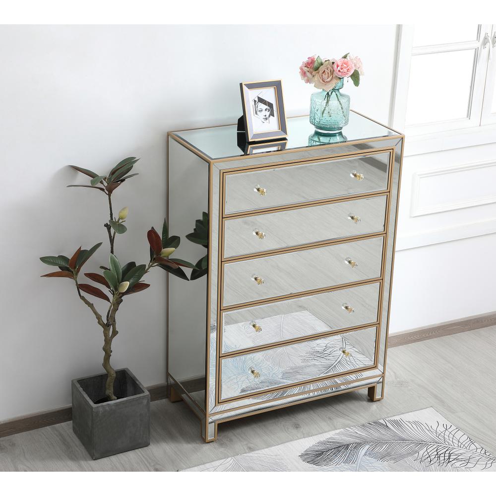34 inch mirrored five drawer cabinet in gold. Picture 3