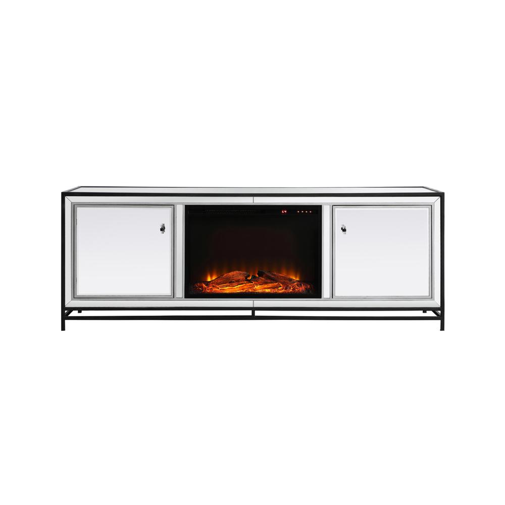 James 72 in. mirrored tv stand with wood fireplace in black. Picture 1