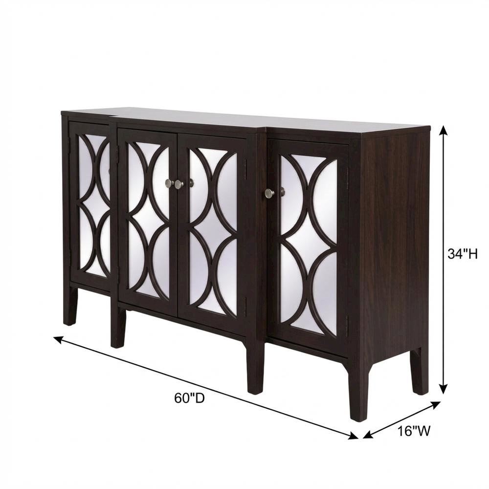 Dark Walnut 60-Inch Mirrored Credenza with Modern Design and Storage. Picture 7