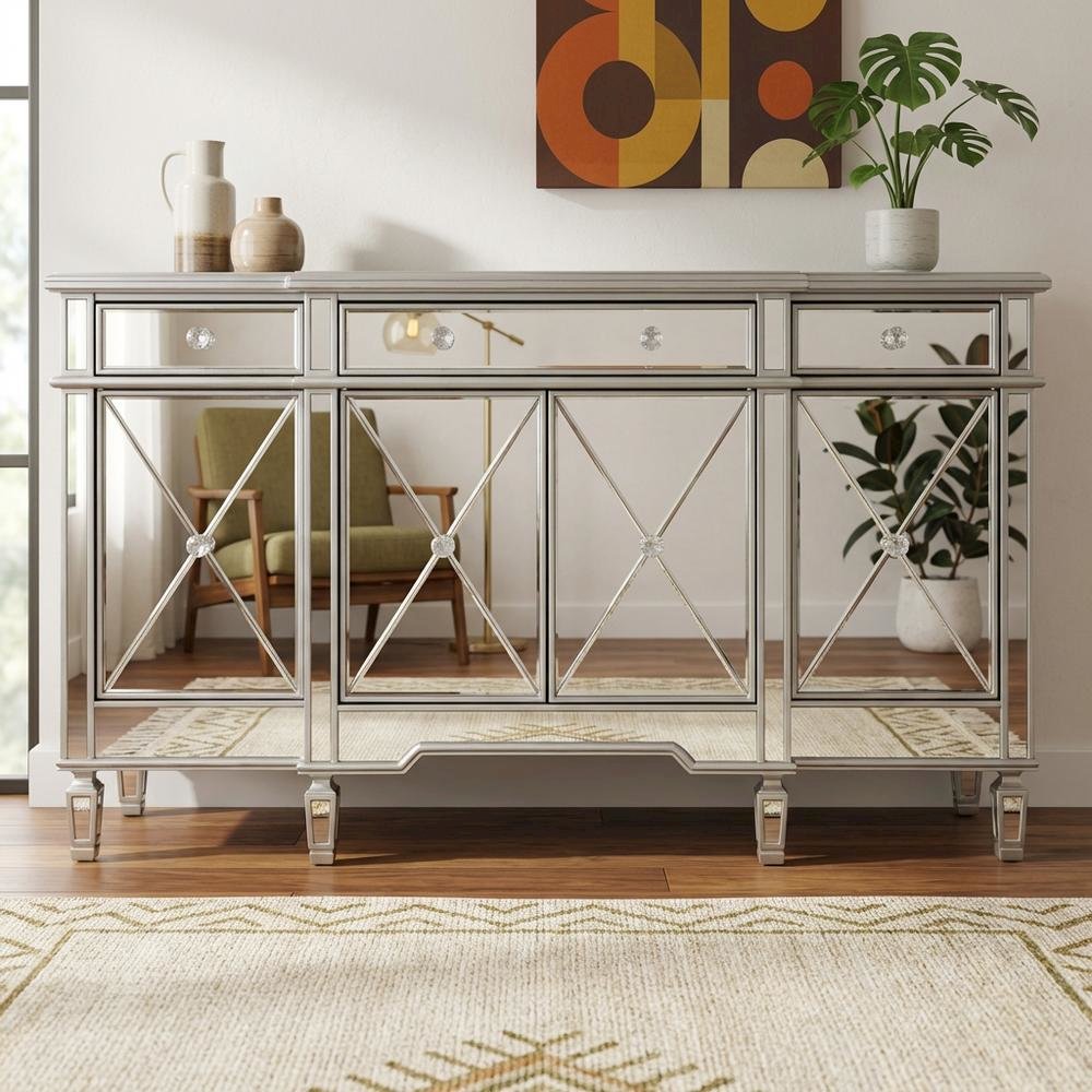 Silver 3 Drawer and 4 Door Credenza with Ample Storage and Modern Design. Picture 2