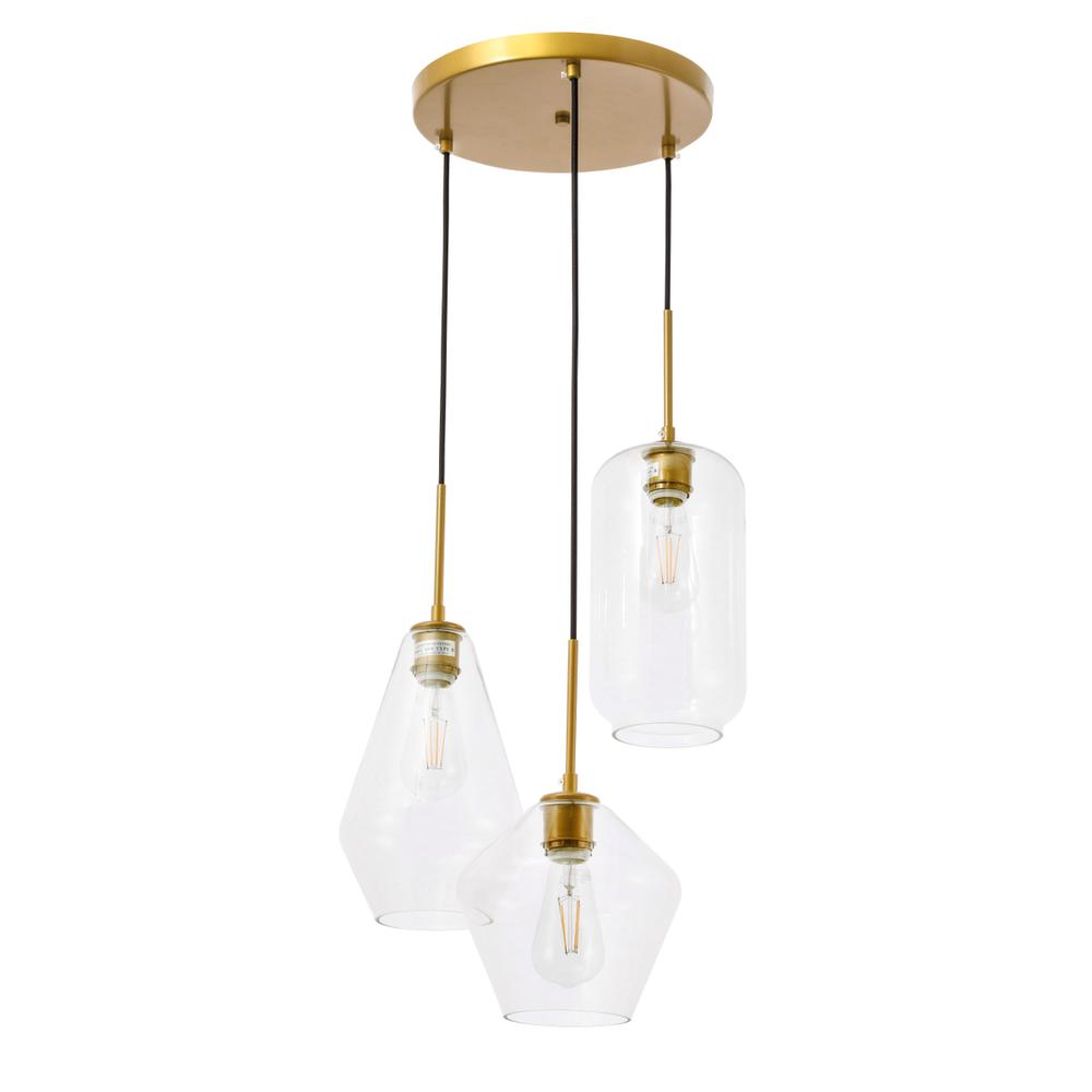 Gene 3 light Brass and Clear glass pendant. Picture 4