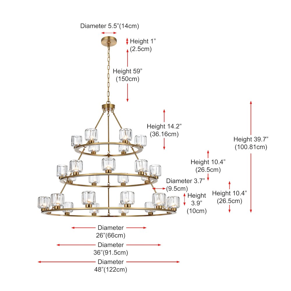 Cadence 48 Inch Three-Tier Chandelier In Satin Gold. Picture 8