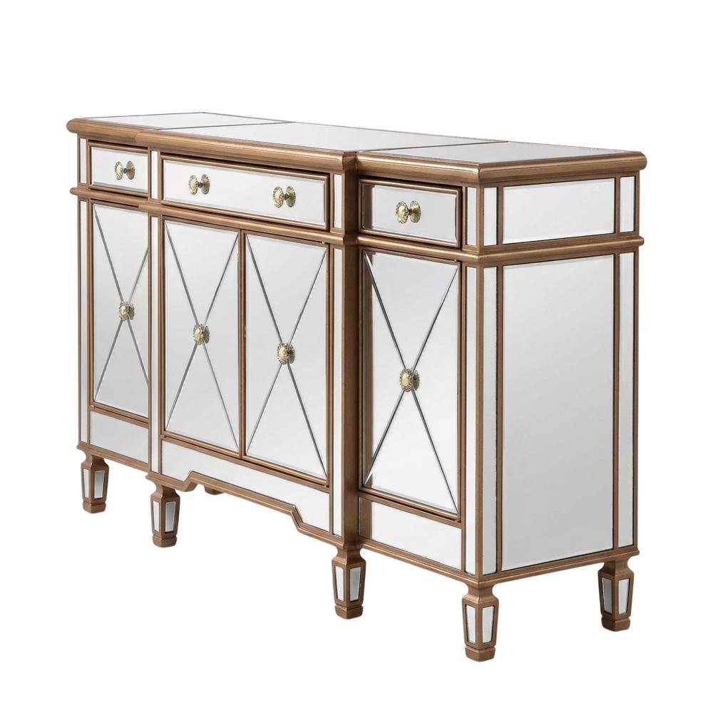Gold Credenza with 3 Drawer and 4 Door Storage, Modern Design. Picture 1