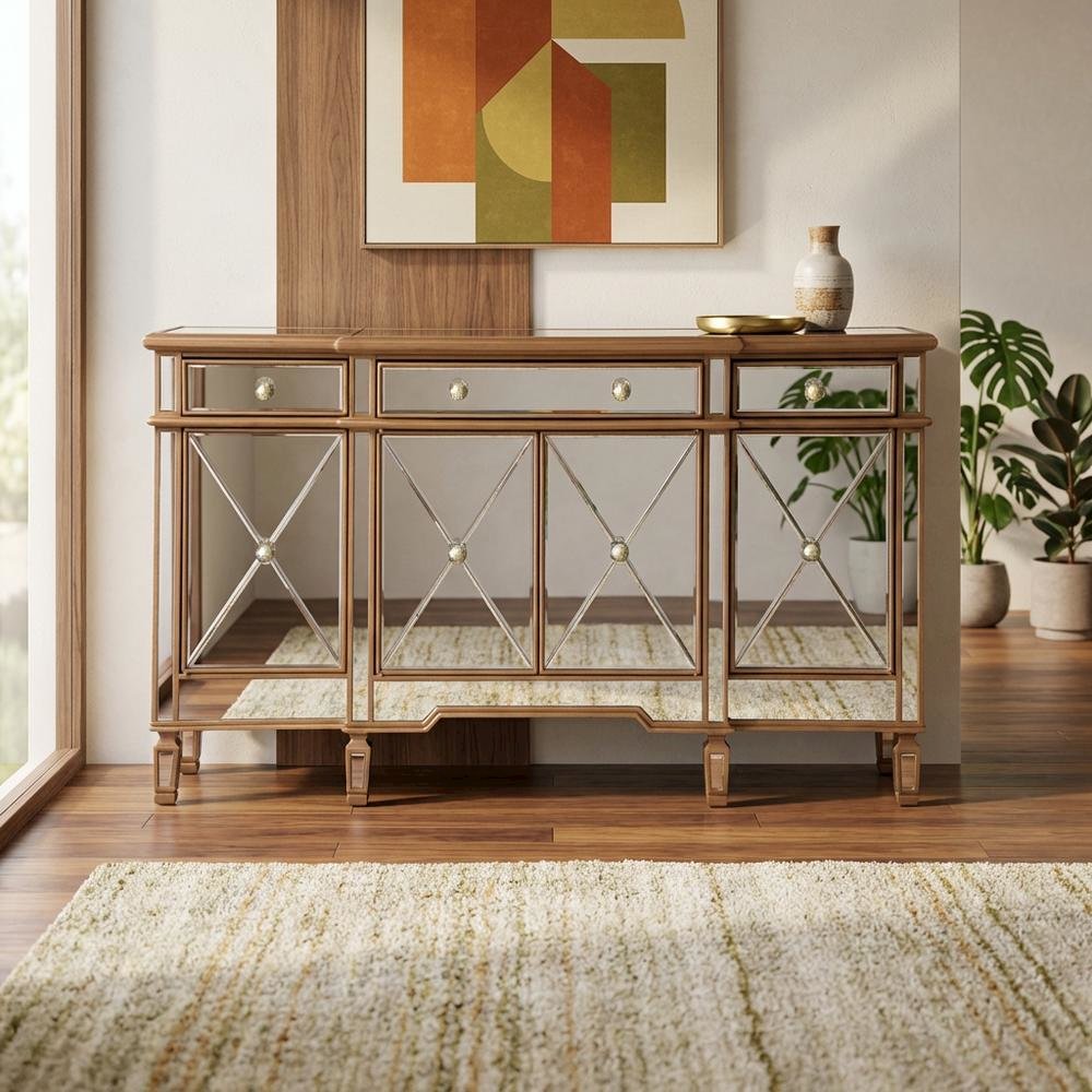 Gold Credenza with 3 Drawer and 4 Door Storage, Modern Design. Picture 2