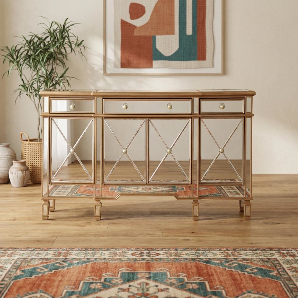 Gold Credenza with 3 Drawer and 4 Door Storage, Modern Design. Picture 3