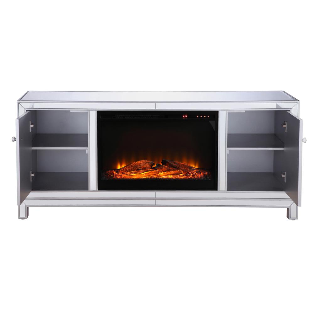 60 in. mirrored TV stand with wood fireplace insert in antique silver. Picture 7
