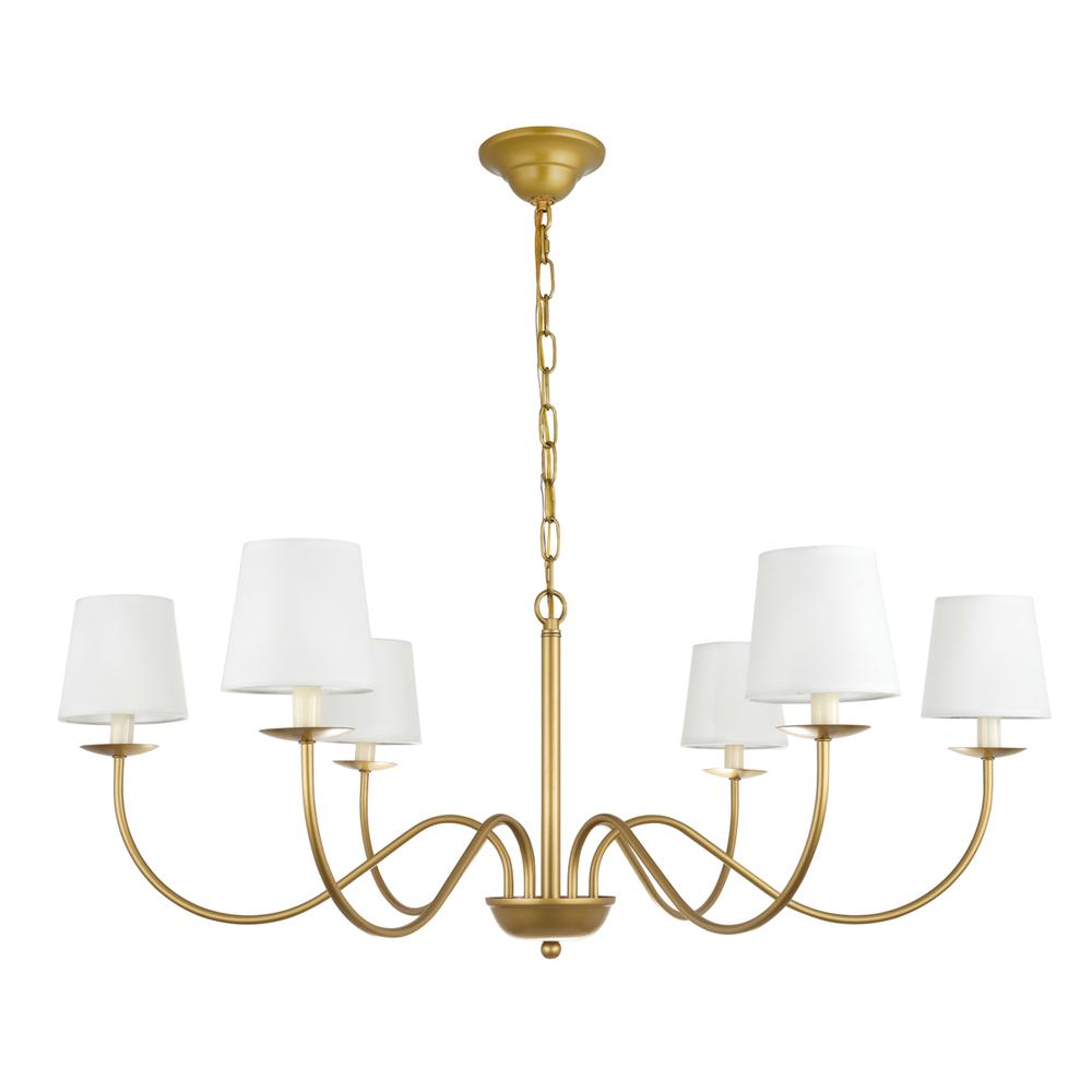 Eclipse 6 light Brass and White shade chandelier. Picture 2